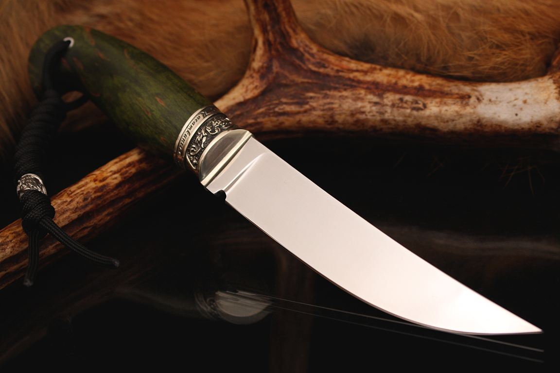 Нож "Промысловый" Клинок К340. Рукоять мельхиор, карельская береза (зеленая).